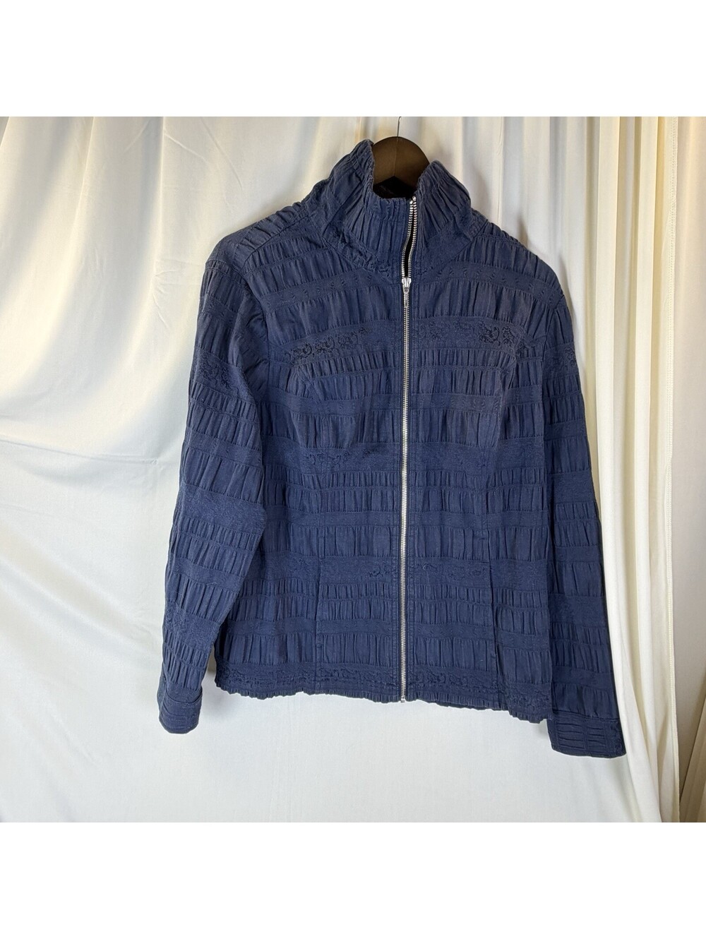 CJ Banks Navy Textured Smocked Jacket Long Sleeve Full Zip Fall Spring 1X